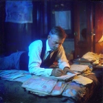 **abrahm vermont, un escritor adulto de 30 años en 1915 en rosario duermiendo acostado en el piso de noche. se tapa con diarios porque no tiene frasada. cubierto por los ejemplares de diario como sabana. 'the vols stimme' su diario escrito en idish litografiado. Vive entre sus palabras en su cuarto muy pequeño de conventillo y con pocas cosas, para escribir y litografia. Luz azulada, un poco de luz blanca desde la ventana que entra, la piel palida. imagen color. Escena de pelicula a color de thirller moderno ambientado en 1910 pero con la calidad actual de cine profesional. Vermont es dejado, tiene bigote largo pero sin barba y poco pelo y un poco gordo, viste formal, pero gastado.** - Image #3 <@985959374633717780>