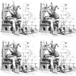 **black and white line art of a medeival court jester sitting on a king/s throne in the pose of rodin/s the thinker. The jester is wearing a jesterhat with three bulbous protrusions with bells on the tips. there is an old german shepherd dog lying down at the jester's feet laying down with its head on on a stone floor. the throne is in a castle room with stone walls that are beginning to decompose. --v 7.0** - Variations (Region) by <@897244946770296893> (fast)