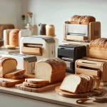 **A variety of bread slicers displayed on a clean kitchen countertop, including wooden, electric, and manual slicers, surrounded by sliced loaves of bread (white, whole grain, sourdough), soft natural** - Image #2 <@1289684291994779678>