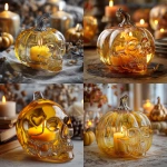 **Transparent glass pumpkin, inside is a skull statue, candle and heart symbol, the main color is yellow, the surrounding space is on a halloween table** - <@847871507090112512> (fast)