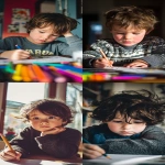 **Little adorable focussed adhd boy dark hair coloring at his desk, bright day background , bittersweet moment --ar 9:16 --v 7.0** - <@888546328244801596> (fast)
