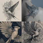 **fineline design of a bird in the style of tattoo artist zihwa, microrealistic details, wings outstretched, head looking towards to the side, background in the style of tattoo artist oscar akermo, modern aesthetic, artistic and expensive vibes, intricate and complicated details, feminine, ultra high definition --v 7.0** - <@241887161421529090> (fast)