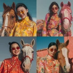 **Ultra realistic high resolution full length photo of a young pretty Asian girl happily wearing bright chinese new year shirt with modern fashion sunglasses, posing happily next to a bright color horse, the background is minimal, hyperrealistic scene. --s 250** - <@1128173036579856408> (fast)