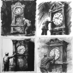 **pencil sketch, black and white, square composition, surreal metaphorical artwork, an old-fashioned grandfather clock with its large clock-hand being grabbed and pulled backwards by a young handsome investor 25 years old, symbolic of founder vesting reset and time stolen back, sketchbook style, visible pencil strokes, crosshatching, high contrast, dramatic and thought-provoking --ar 1:1 --v 6.0 --raw** - <@1050631111002296333> (fast)