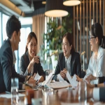 **Group of Japanese office workers, including a beautiful woman and a handsome man, happily discussing documents at a bright conference table, teamwork and friendly atmosphere, professional attire, cinematic lighting, warm and clean office --ar 16:9 --v 6.0 --raw** - Image #2 <@1074578484602601522>