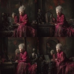 **Oil painting, moody lighting, prominent brush strokes, elderly grey haired Chinese woman dressed in a tattered and dirty red Qun Kwa wedding dress, Painting on wall, gazing into a dirty mirror in a dingy apartment, by Zhang Jingna, Zhang Xiaogang's style, melancholic atmosphere, tattered robot companion, laptop computer --ar 5:4 --v 7.0 --no star wars characters --chaos 3** - Variations (Subtle) by <@988364629556199494> (fast)
-# Create, explore, and organize on [midjourney.com](<https://midjourney.com/imagine?from_discord=1>)