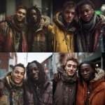 **two handsome young men are smiling in an ultra-realistic photo style. one has short brown hair, while the other has african american dreadlocks. both are wearing colorful winter jackets on a city street. the first man is holding his arm around another person's shoulder. --ar 127:128 --v 7.0 --p 7t8d38w** - <@995751013732581408> (relaxed, stealth)