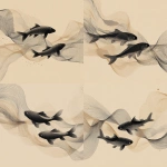 **illustration 2 dimensions graphic concept "**minimalist vector art of grey small fish swimming upstream, stylized flowing water made of thin contour lines, soft beige background, abstract composition, Japanese black ink and line art aesthetic, clean and modern design, sense of motion and harmony, high resolution, fine art poster style, grey color tone** - Variations (Strong) by <@1128954520425222255> (fast)
