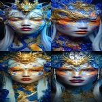 **Symmetrical front view of An artistic fantasy makeup portrait inspired by the Vietnamese legend ‘Con Rồng Cháu Tiên’. A regal Indonesian woman symbolizing the dragon and fairy ancestry golden, orange, and royal blue tones in shimering bold white face paint. Dragon-scale eye makeup with metallic gold eyeliner shaped like a dragon curve, shimmering red and aqua gradient eyeshadow, pearl and crystal accents around the eyes. Deep ruby lips with golden glow, glowing porcelain white painted skin with ethereal light. Subtle dragon scales painted on the temples and neck. Long white and blue Hair with golden dragon crown that have cloud and wave motifs. Traditional Vietnamese cultural energy, representing patriotism, heritage, and unity. The model Look at the camera in beauty pose, Cinematic lighting, ultra-detailed, fantasy fine art portrait, 8k realism. --ar 45:103 --profile maltihr** - <@1043498067623686144> (fast)