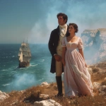**photograph type picture of a gorgeously handsome man with dark hair and blue eyes dressed in Regency era clothing. He is standing on a cliff top with a beautiful woman also wearing Regency era clothing - empire line dress with high waist. They are holding hands and watching a sailing ship of the type like HMS Victory. It is sunny. They are happy --v 7.0** - Upscaled by <@1160482508425658468> (fast)
-# Create, explore, and organize on [midjourney.com](<https://midjourney.com/imagine?from_discord=1>)