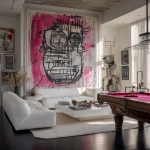 **create an all white studio, white couch, white pool table with a massive art piece on the wall, hot pink, black and white, some crazy charcoal lines, bears basquiat, big face, luxurions --v 7.0** - Upscaled by <@1240395747078307862> (fast)