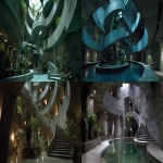 **dvd screengrab of the interior of an apartment building in the film avatar, directed by james cameron. the building's design was inspired by the work of architect frank lloyd wright and features a concrete structure with a spiral staircase. --ar 72:35** - <@554549579131912202> (fast)