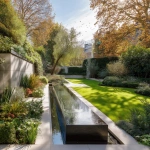 **high quality contemporary garden in London, water feature, green walls, mature trees in autumn, beautiful lawn, sunny day, birds in the sky --v 7.0** - Upscaled by <@1013385397600002048> (fast)