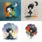 **a simple watercolor painting of a very cute chibi style goth girl, parts of her arm are chipping away like pieces of embers from a fire. She clutches her dress on her chest. Her hair winds upwards like a weed towards a crescent moon in the sky. Pieces of a rainbow break apart in the sky and fall down around her as if it were an actual object. The art style is in Gus fink, Junji Ito and Tim Burton** - <@1074559244763926659> (fast, stealth)
-# Create, explore, and organize on [midjourney.com](<https://midjourney.com/imagine?from_discord=1>)