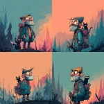 **<https://s.mj.run/RTecCqauTFQ> Reimagine this clean cartoon illustration in a painterly, atmospheric style. Use muted earthy tones blended with halloween colored pastels, textured brush strokes, and hazy gradients in the sky. Hiking through the forest with his cat. In the Pacific Northwest near the mountains during blue hour. Apply loose, expressive linework with subtle shading, crosshatching, and worn textures. Add depth and warmth through cinematic lighting and moody color grading. Expressions should remain exaggerated yet nuanced, balancing humor and melancholy within an atmospheric, storybook-like setting. Color Palette: 20% pastel periwinkle 40% pastel cotton candy 20% pastel sekura pink 10% pastel celadon 10% pastel black** - Variations (Strong) by <@757787837981786134> (fast)