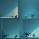 **a giant black spider sits on the floor next to an old woman in dark , against light blue walls. the scene features minimalism, pastel colors, digital illustration, smooth lines, soft lighting, and low contrast, in the style of atey ghailan, jon klassen, and jacek yerka, with a surreal aesthetic.** - <@1282363709964025901> (fast)