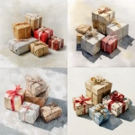 **a watercolor style image of five to six gifts scattered accross a flat surface. the watercolor should be light and airy. naturally lit. The gift wrapping paper should be neutral colors of beige or red.** - <@1162445754221215925> (fast)