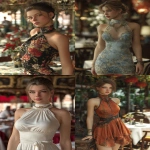**ultra realistic, highly detailed high necked summer luncheon dress worn by a beautiful young woman standing with a fancy restaurant behind her. HD --v 7.0 --ar 2:3** - <@1327691479602298971> (fast, stealth)