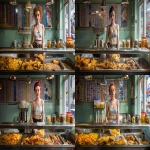 **English fish and chip shop, young attractive glistening woman wearing what might be considered a dangerous outfit to wear around hot oil; a mini skirt and cropped top. Scooping chips out of a vast fryer filled with oil, a glass display cabinet atop the fryers in front of her at chest height, with warm battered offerings contained: battered cod, piles of saveloy sausages, pies in aluminium foil dishes. On the counter top are Proper large salt and vinegar in white plastic, shakers , wooden forks and large jars of pickled onions and pickled eggs. paper wrapping for the chips. colourful chip shop menu on a tiled wall behind her, epsilon aurigae constellation reflected on the menu and tiles beaming from the window, retro futurism --ar 16:9 --raw** - Remix (Subtle) by <@744210433703018499> (relaxed)