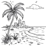 **A simple coloring page for children of A beach scene with sandcastles, palm trees, coloring page for kids in a monochrome style, simple with no details. for a simple black and white coloring page, line art, thick lines, easy to color. no shading lavender --v 6.1** - Image #4 <@1201148944726638674>