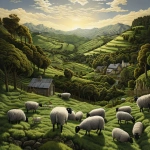 **there are lots of hills, there is a house and there are moutains in the background. In a fenced area there are black sheep and white sheep, there are lots of trees and the grass is green, realistic --v 5.2** - Image #4 <@754226842650542162>