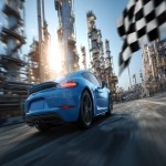 **A blue sports car in motion pulling into an oil refinery with the refinery easily visible. there is a checkered finish line flag waving on the side. make it epic blue lighting. cinematic --ar 3:2 --v 7.0** - Image #2 <@1264975901624631358>