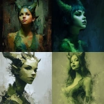 **green toned, painterly realism style, beautiful female demon, chest and up, with small horns, slightly angled, vertically elongated design, bottom ends abstract --v 7.0** - <@1116424656908464158> (fast)