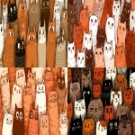 **a pattern of cats in the style of gemma correll, sepia palette with shades of orange and red, simple linework, bold outlines, playful expressions, close-up perspective, a large group of different cat breeds, all eyes looking at viewer. the background is filled with more cartoonish cats, all of them friendly-looking. high resolution vector art illustration, clipart isolated on pure solid clean white background, high definition, ultra realistic details, hyper detailed, cinematic photography, full body shot --ar 205:78** - <@409716268476923920> (fast)