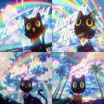 **cute happy black cat with yellow eyes and wearing white collar with red tie in sunny rainbow pastel cloudy sparkling futuristic utopia city island vacation poster with big text "Literally 2084" --niji 7 --sref 817015524 3703497071 --ar 3:2** - <@937851746712186921> (fast)