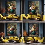 **a large painting of flowers in an emerald vase hanging on the wall above a sofa and armchairs, in a modern interior design style living room with yellow chairs, dark blue walls, a colorful flower bouquet in a green and golden clay pot, vibrant colors, oil paint texture, brush strokes, a large canvas, ultra-realistic, hyper-detailed, and a cinematic look, with the text "rastegar, ohio" at the bottom right side. --ar 128:125** - Variations (Strong) by <@1313000520759377972> (fast)