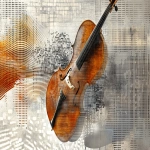 **a dot-matrix patterned, print design (with photorealism) of a cello and conference chair merging through sound waves, symbolizing acoustics shaping emotion - in grey, white, and amber. --ar 2:1 --v 6.1** - Image #4 <@1135636698060038216>
