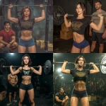 **a photo of an asian woman in her thirties doing an overhead squat wearing a black shirt with butterfly dream motif and blue shorts at the gym. She is wearing glasses, and there are some boxes on the ground, weight plates around her, and another person next to her observing how she performs the exercise. the setting is a dark room with a concrete floor and a barbell in the background. She looks focused while lifting heavy weights overhead. the image captures a moment during a crossfit training session. --p 9ss3njw pu1nj44** - <@538878031226470440> (relaxed)