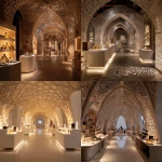 **A perfume exhibition of 6 brands, in a lattice structure of curved ceilling walls, a central light display, one brand is about sweets, one is about wood, one is about florals, one is about old letters, one is about arabic architecture, one is about a scent lab, one is about sleek sernity, how to display all of these in a buisness to buisness eye catching exhibition effect, white colour and marble, warm lighting --v 7.0** - <@738838021331484804> (fast)