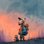 **<https://s.mj.run/RTecCqauTFQ> Reimagine this clean cartoon illustration in a painterly, atmospheric style. Use muted earthy tones blended with halloween colored pastels, textured brush strokes, and hazy gradients in the sky. Hiking through the forest with his cat. In the Pacific Northwest near the mountains during blue hour. Apply loose, expressive linework with subtle shading, crosshatching, and worn textures. Add depth and warmth through cinematic lighting and moody color grading. Expressions should remain exaggerated yet nuanced, balancing humor and melancholy within an atmospheric, storybook-like setting. Color Palette: 20% pastel periwinkle 40% pastel cotton candy 20% pastel sekura pink 10% pastel celadon 10% pastel black** - Image #3 <@757787837981786134>