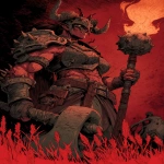 **A dungeons and dragons style comic book illustration of a muscular red female pit fiend devil holding a flaming mace and wearing a crudely crafted iron helm that covers her eyes, horns and spikes should come out of her dark red skin, bits of crude armor --v 7.0 --s 800 --ar 2:3** - Image #4 <@478047972412620803>