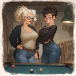 **realistic chubby thick 50 year old long Curly haired blonde architect girl with blue glasses wearing jeans and a brewery tshirt playing billiards with a chubby 45 year old girl with short spiky brunette hair glasses and curvy hips** - Image #3 <@690727352149475348>