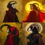 **Hyper-realistic portrait of a woman in a flowing red cloak with intricate details, wearing curved horns on her head, turned in three-quarter view with her head slightly raised, pale skin with realistic textures, harsh lighting creating deep contrast and dramatic shadows, inspired by dark fantasy aesthetics, cinematic atmosphere, radiant yellow glowing background enhancing the aura, --ar 3:4 --v 6.0 --raw** - <@1352144167198789655> (fast)