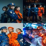 **A group portrait of three Japanese professionals a police officer, a firefighter, and a nurse styled as high-fashion models. Each has avant-garde creative hair and artistic makeup representing their role: metallic blue tones for the officer, fiery orange for the firefighter, and soft pearl white for the nurse. Their uniforms are reimagined in couture fashion, blending strength and elegance. Dramatic cinematic lighting, urban background, glowing reflections like an objet d'art. Fashion editorial inspired by VOGUE JAPAN, fine art portrait photography, vertical composition, 4K resolution --ar 2:3 --v 6.0 --raw** - <@1145938660596908032> (fast)