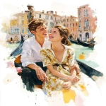 **a fashion illustration of a man in a white shirt and a woman in an elegant dress sitting in the back of a gondola in Venice, Italy. They're laughing, romantic atmosphere, watercolor technique, in the background the stunning architecture of Venice, colorful, light effects, perfect composition, dreamy mood. watercolor technique, vibrant colors. --ar 13:16** - Image #3 <@1220684338807439425>