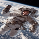 **The photo should be hyperrealistic but with distorted proportions. The framing should distort the proportions, prioritizing the head and shrinking the legs and feet. A 40-year-old female astronaut is on a spacewalk, having fun, smiling, and wearing a transparent helmet. In the background is planet Earth. She is holding a smartphone in her right hand and looking at the screen. Focus on the arm and the phone in the foreground. Use of a wide-angle lens. Natural light, surreal photo, crazy proportions. --ar 9:16** - Image #4 <@1310560084346146826>