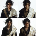 **A young Romani wizard with a rugged and tattered appearance, especially on his face. He has wild, unkempt black hair and wears a black robe with golden details, visibly worn and frayed. Over his shoulders, he drapes a white cloak decorated with intricate Slavic floral patterns, slightly torn. His face bears a striking lightning-shaped scar, and one of his eyes is covered by a tied cloth. He stares directly at the viewer with an intense, mysterious expression. The background is pure white. The art style is highly detailed fantasy character concept art, Dungeons & Dragons style, with dramatic lighting and realistic textures.** - Variations (Strong) by <@202010418003181568> (fast)