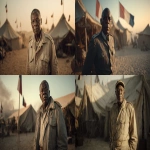 **An elderly black african army general, in his 60s, looking fit , dressed in a 1950s French military uniform, stands confidently in front of the camera in a desert military camp setting. He has a serious, weathered face, one hand casually resting in his pocket. Slightly dim light, He faces the viewer, delivering a direct-to-camera monologue. The background features sand dunes, vintage military tents, and French colonial flags fluttering in the wind. Dust subtly floats in the warm light. cinematic, with shallow depth of field, natural lighting, and slight grain to simulate 1950s archival film look. Tone is somber and authoritative, evoking a government broadcast or classified confession. --ar 128:73 --v 7.0** - <@1065391125663322203> (fast)