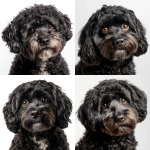 **Adult Cavoodle dog, fur colour black, facing forward, relaxed mood, in focus, eyes looking directly into the camera lens, head shot, indoor studio lighting, photography studio, white background, portrait, one key light and two fill lights to brighten the entire face, photorealistic --v 7.0** - <@961150162703626290> (fast)