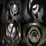 **dvd screengrab of the interior circular stone staircase in an abandoned brutalist building from the film metropolis, designed in the style of christopher nolan and shot on film with epic cinematography. --ar 72:35** - <@554549579131912202> (fast)