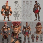 **Character design sheet. Realistic 3d rendering. Character design sheet of a ruggedly handsome, Hyper muscular handsome half orc, bodybuilder, bright silver eyes, short curly red Mohawk, short pointed ears, defined muscles, Huge leg muscles, huge pectoral muscles, big arm muscles, vascular hyper muscular, wide Grecian nose, strong square jaw, defined cheek bones, masculine features, freckles, Bodybuilder, short pointed ears, wearing Roman gladiator armor. --v 7.0** - <@1222981214734913607> (relaxed)
-# Create, explore, and organize on [midjourney.com](<https://midjourney.com/imagine?from_discord=1>)