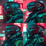 **realistic cyberpunk black female at night in a neon city background, red and turquoise. Strong with light from above, on the face. High contrast. The female is looking towards the camera 3/4 view, she has braids and a side shave, glowing eye cyber gear, glowing ear cyber gear. --ar 9:16 --v 7.0** - Variations (Strong) by <@1174469651695144981> (fast)