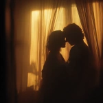 **A romantic couple sharing an intimate moment behind soft golden curtains, warmly lit by a cozy floor lamp, wrapped together in a blanket, silhouetted gently, dreamy and tender atmosphere, early morning or twilight glow, peaceful indoor setting, shallow depth of field, cinematic lighting, vintage color grading, 35mm film style, subtle grain, emotional storytelling, soft focus, style cinematic** - Image #4 <@1331627685406965792>