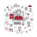 **A minimalist graphic design in red and gray colors, a big Symbol for Health, Clinic, Videoconference, legal dokuments, a cloud-computer, a screen. On a pure white background. Small icons representing law, external consultants are shown as sharp, fascinating objects. The overall composition should convey the message that secure video conferencing is maximal important. Style: Clean, modern, corporate design with sharp contrasts between red and gray elements** - Image #1 <@1092756638915629066>