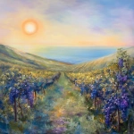 **A breathtaking ethereal landscape painting, blending vibrant oil paints with luminous, translucent organza textures, capturing a vineyard at golden hour with rolling hills, lush grapevines, and a tranquil seascape horizon. A rising sun with soft pinks, lavenders, and golds evokes empowerment and resilience, with delicate organza layers adding shimmering, whimsical depth. The composition radiates divine calm and timeless elegance, transforming spaces into sophisticated sanctuaries, framed by a luxurious interior hint. Inspired by nature’s grace and spiritual strength, in Deeline’s mixed-media style, highly detailed, cinematic lighting, 4K resolution. --v 6.0** - Upscaled (Creative) by <@1110395229338615829> (fast)