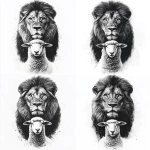**photo realism. Black and grey design. Male lion posing with a sheep. Sheep is standing in front of lion with lion head towering over. Both animals looking at camera. Clean lines, clean shading. White background --v 6.1** - Variations (Strong) by <@651578269954736176> (fast)